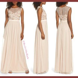 NWT $249 Adrianna Papell Beaded‎ Mesh Gown in Shell [PETITE SZ 8P ]